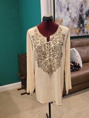 Calypso St. Barth Sequin Cream Tunic with Gold Beaded Embroidery, Size S